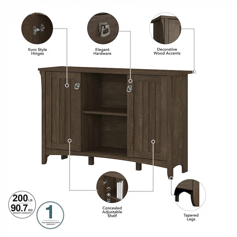 Meuble de rangement rustique en bois avec portes et étagères ouvertes, couleur bois flotté