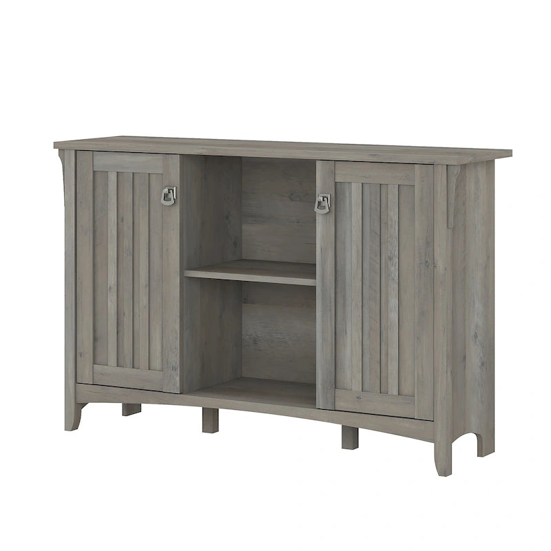 Meuble de rangement rustique en bois avec portes et étagères ouvertes, couleur bois flotté
