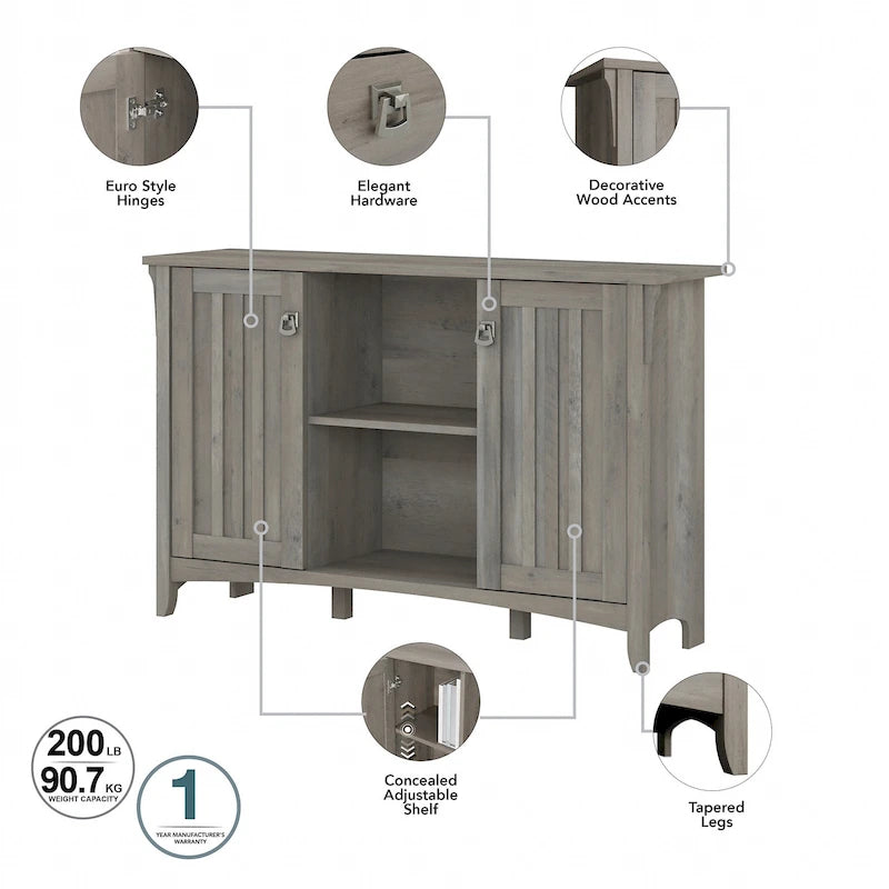 Meuble de rangement rustique en bois avec portes et étagères ouvertes, couleur bois flotté