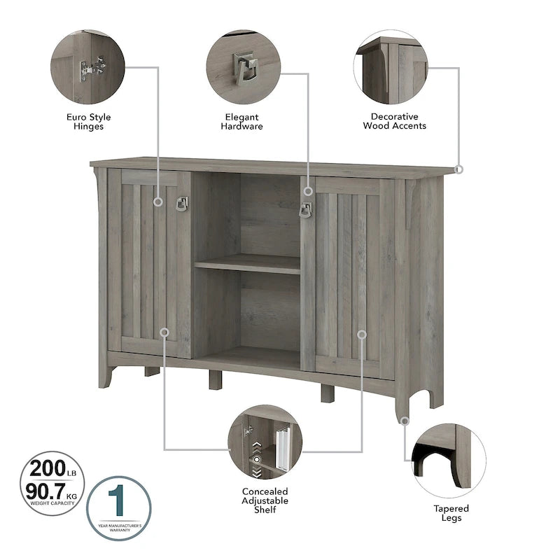 Meuble de rangement rustique en bois avec portes et étagères ouvertes, couleur bois flotté