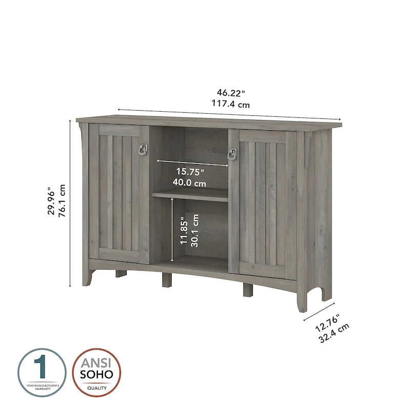 Meuble de rangement rustique en bois avec portes et étagères ouvertes, couleur bois flotté