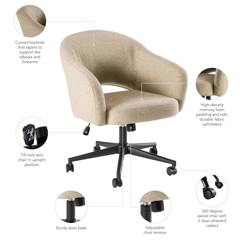 Chaise de bureau pivotante de style Mid-Century Modern avec coussin en mousse à mémoire de forme, revêtement en tissu