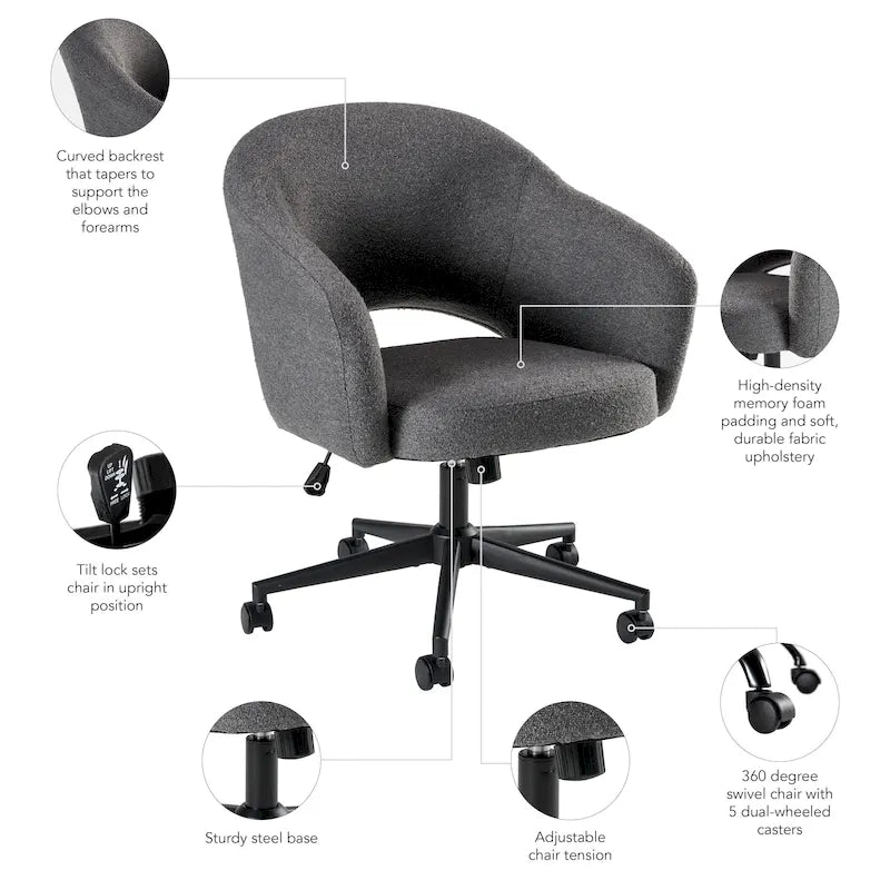 Chaise de bureau pivotante de style Mid-Century Modern avec coussin en mousse à mémoire de forme, revêtement en tissu