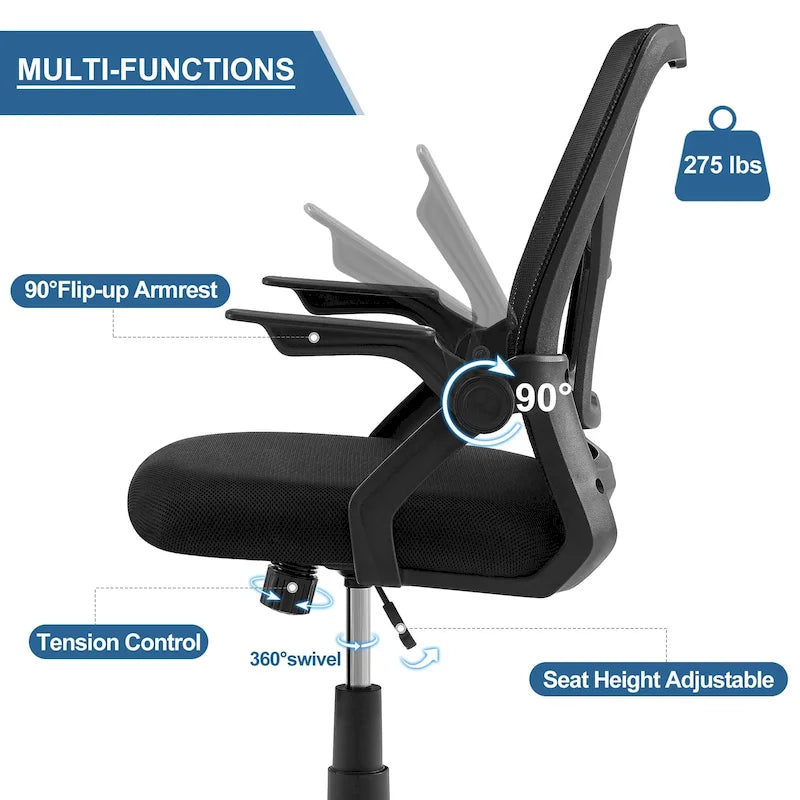 Chaise de bureau pivotante à dossier mi-haut en maille avec hauteur et accoudoirs réglables