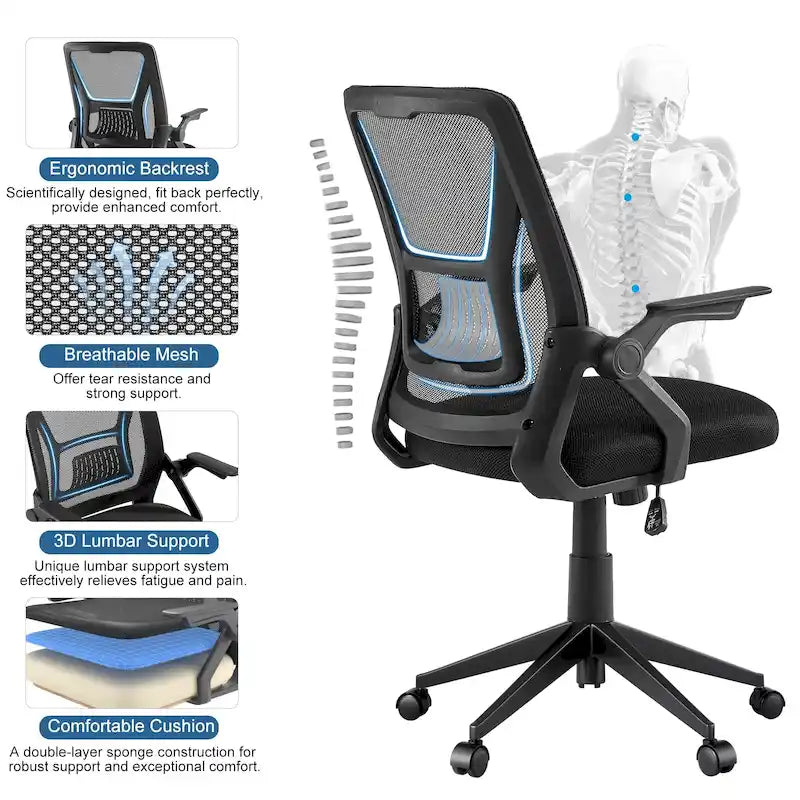 Chaise de bureau pivotante à dossier mi-haut en maille avec hauteur et accoudoirs réglables