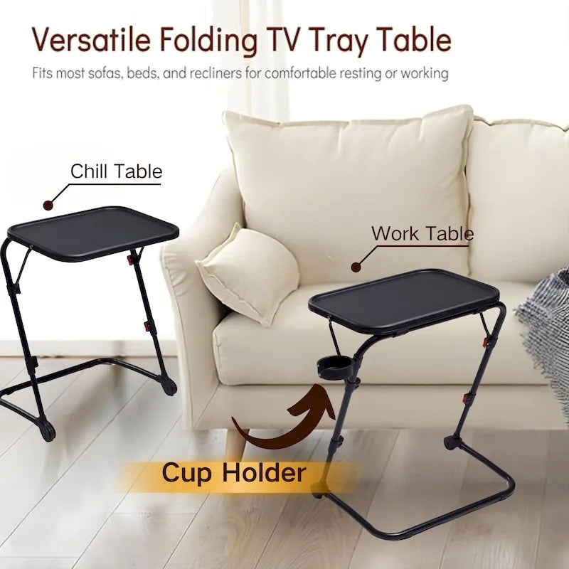 Table de service pliante réglable avec porte-gobelet, portable, noire