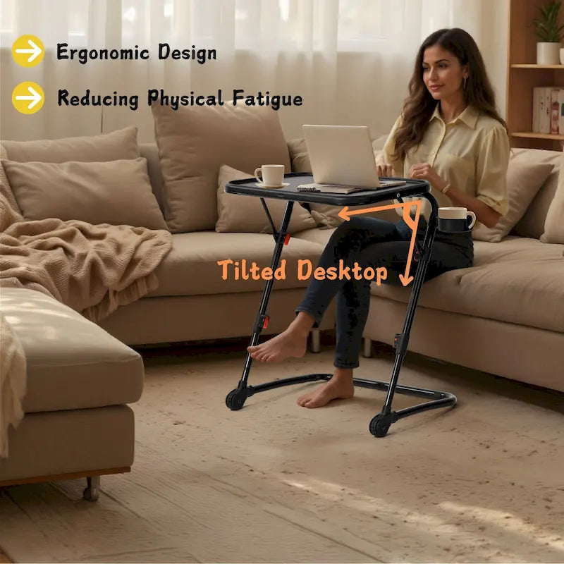 Table de service pliante réglable avec porte-gobelet, portable, noire