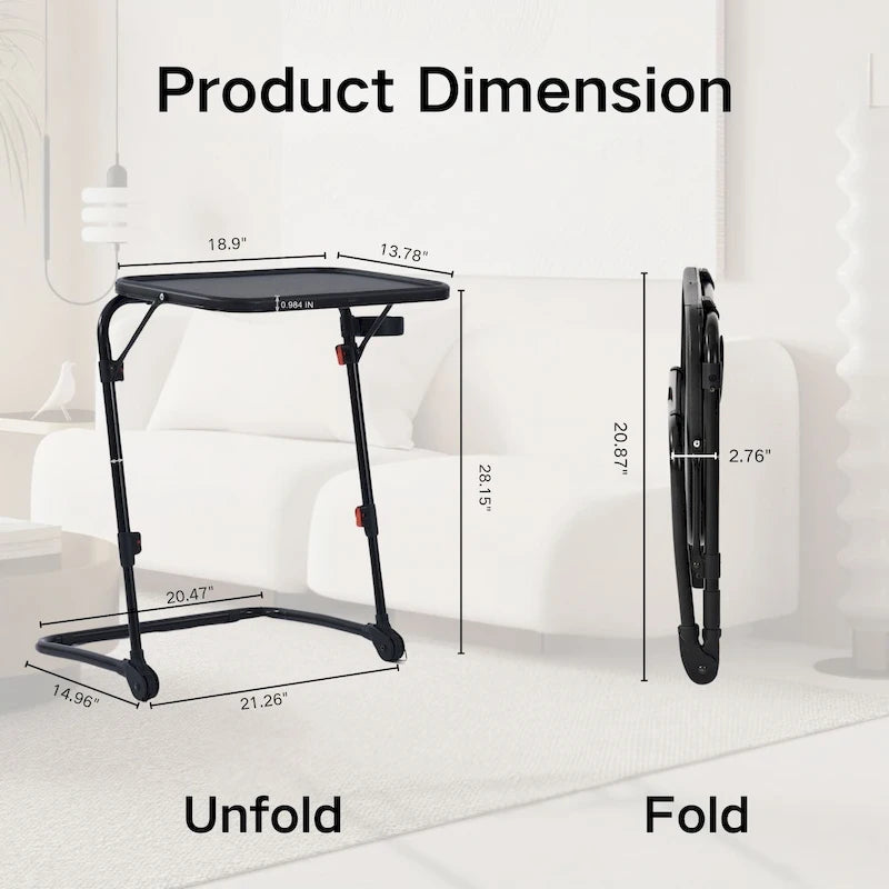 Table de service pliante réglable avec porte-gobelet, portable, noire