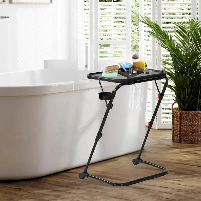 Table de service pliante réglable avec porte-gobelet, portable, noire