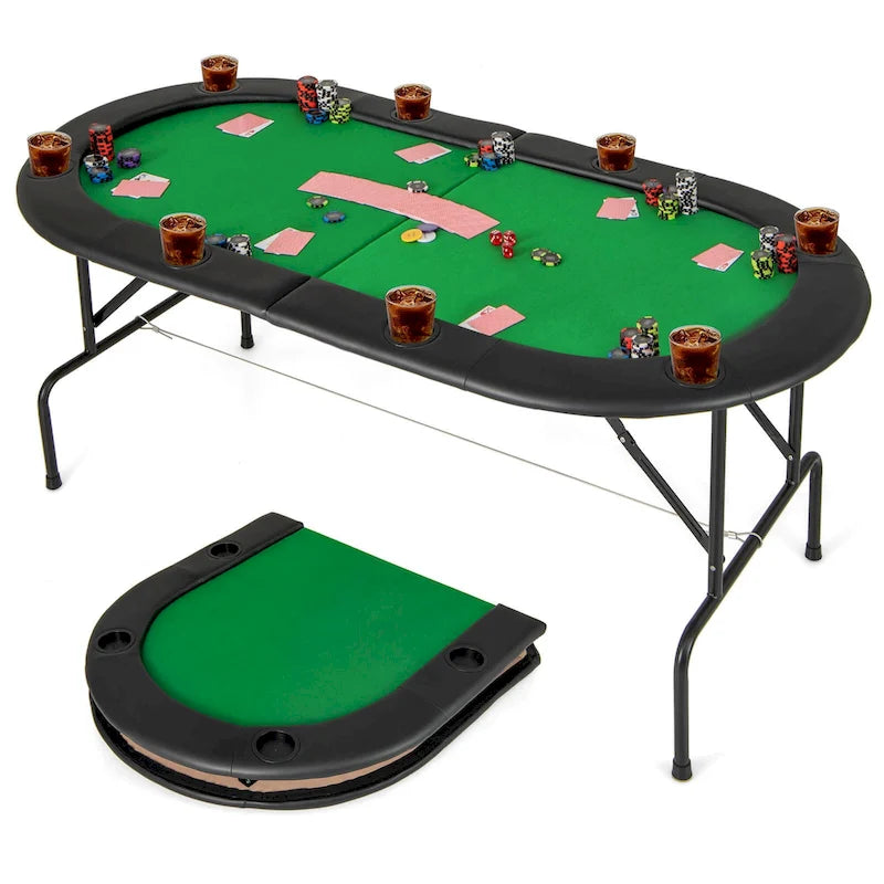 Table de poker pliable 8 joueurs, feutre vert, accoudoirs rembourrés, porte-gobelets