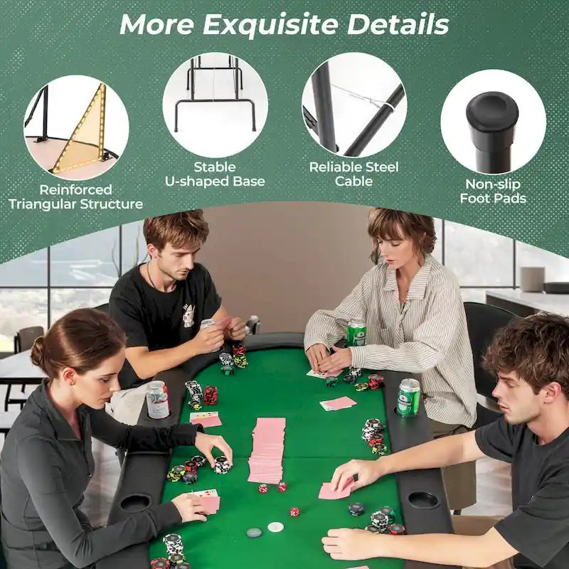 Table de poker pliable 8 joueurs, feutre vert, accoudoirs rembourrés, porte-gobelets