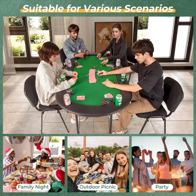 Table de poker pliable 8 joueurs, feutre vert, accoudoirs rembourrés, porte-gobelets