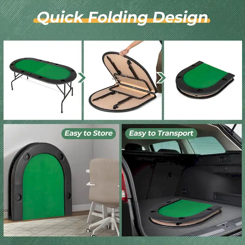Table de poker pliable 8 joueurs, feutre vert, accoudoirs rembourrés, porte-gobelets