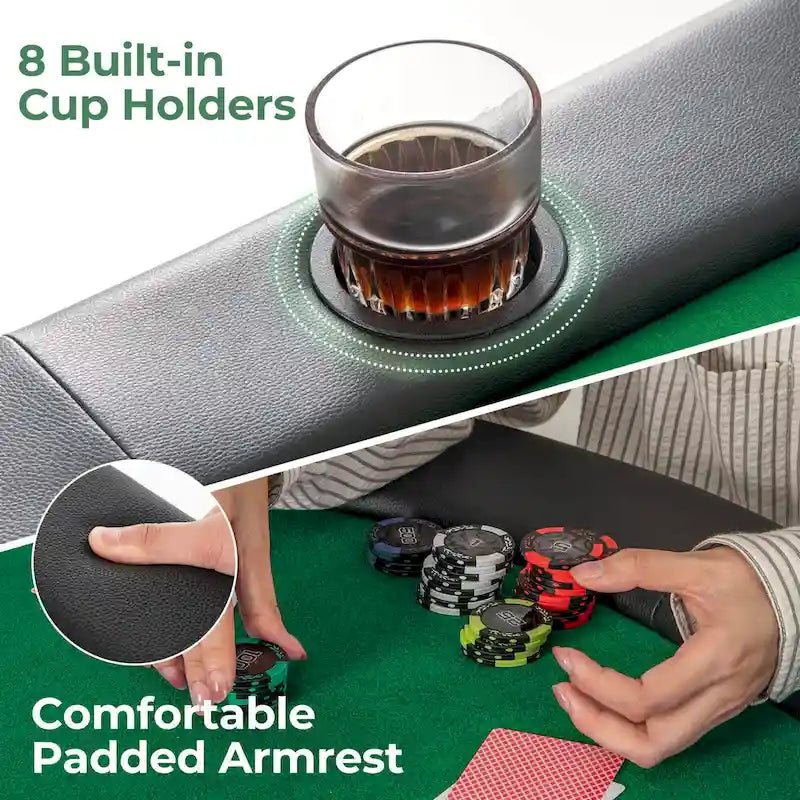 Table de poker pliable 8 joueurs, feutre vert, accoudoirs rembourrés, porte-gobelets