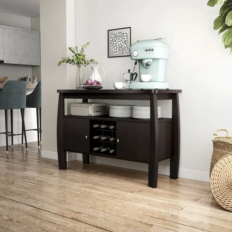 Table de buffet finition cappuccino avec casier à vin et armoire de rangement
