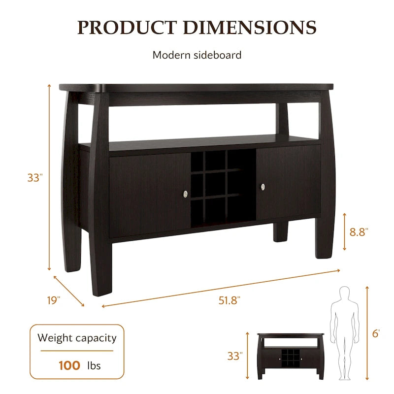 Table de buffet finition cappuccino avec casier à vin et armoire de rangement