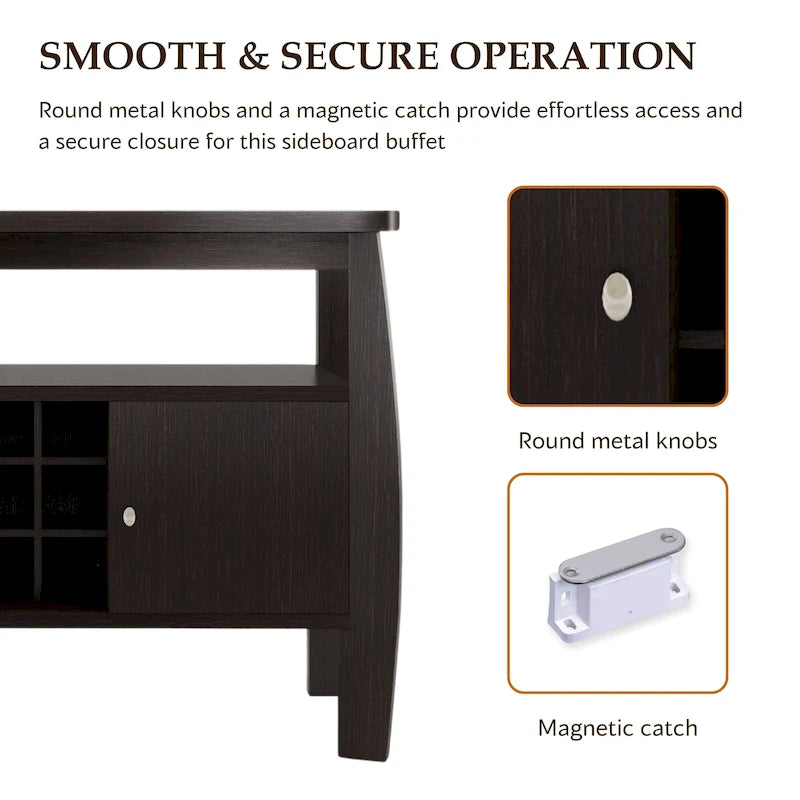 Table de buffet finition cappuccino avec casier à vin et armoire de rangement