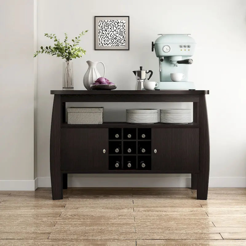 Table de buffet finition cappuccino avec casier à vin et armoire de rangement