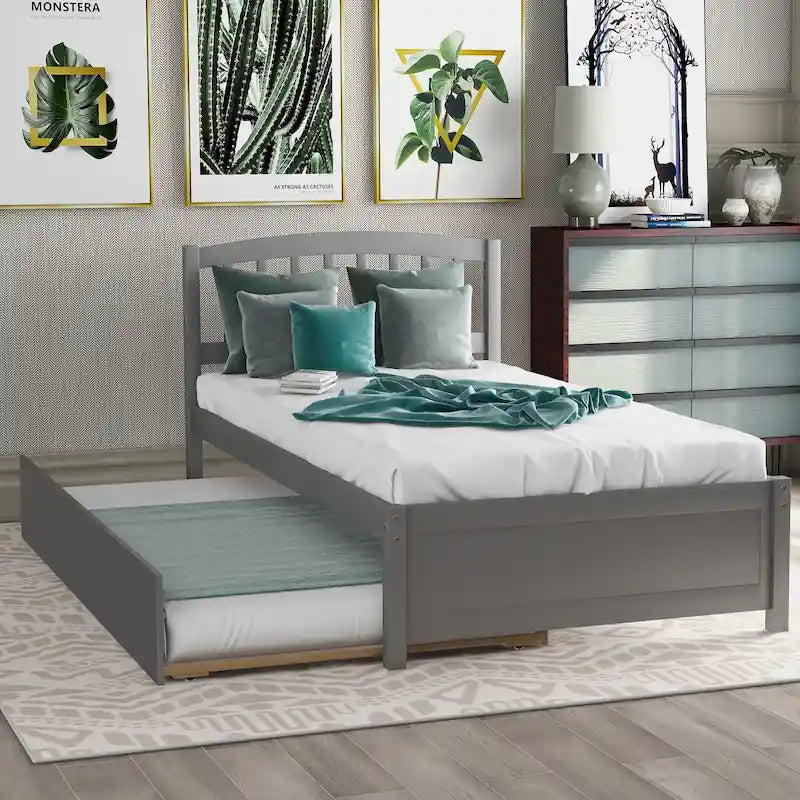 Lit plateforme double en pin massif gris avec lit gigogne coulissant