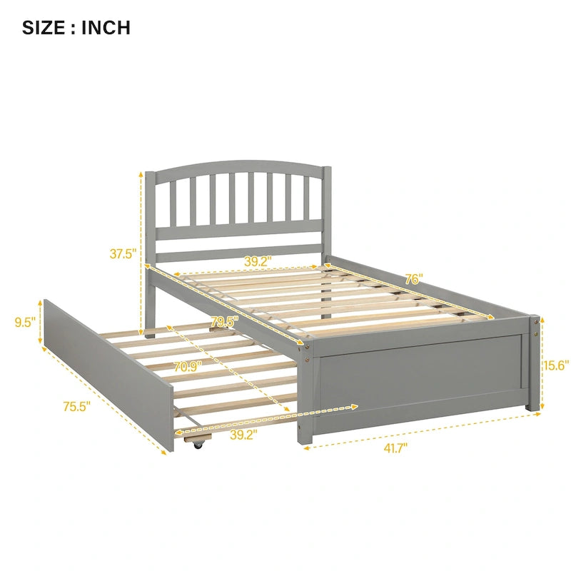 Lit plateforme double en pin massif gris avec lit gigogne coulissant