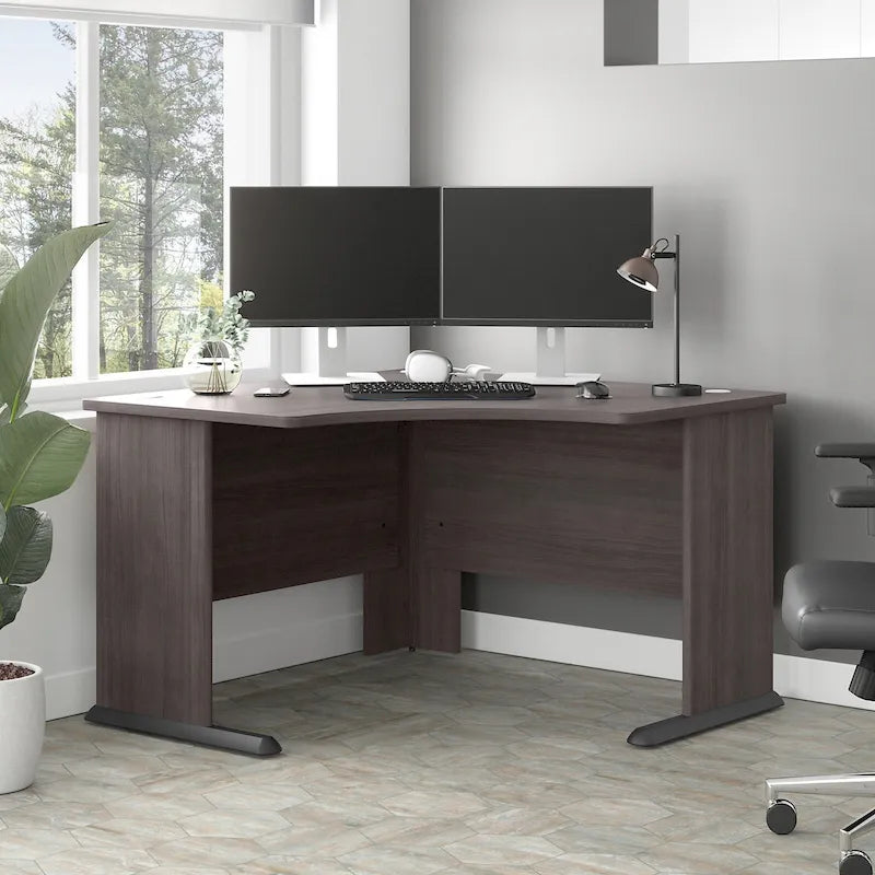 Bureau d'angle en L pour ordinateur avec gestion des câbles Gris orage Blanc platine