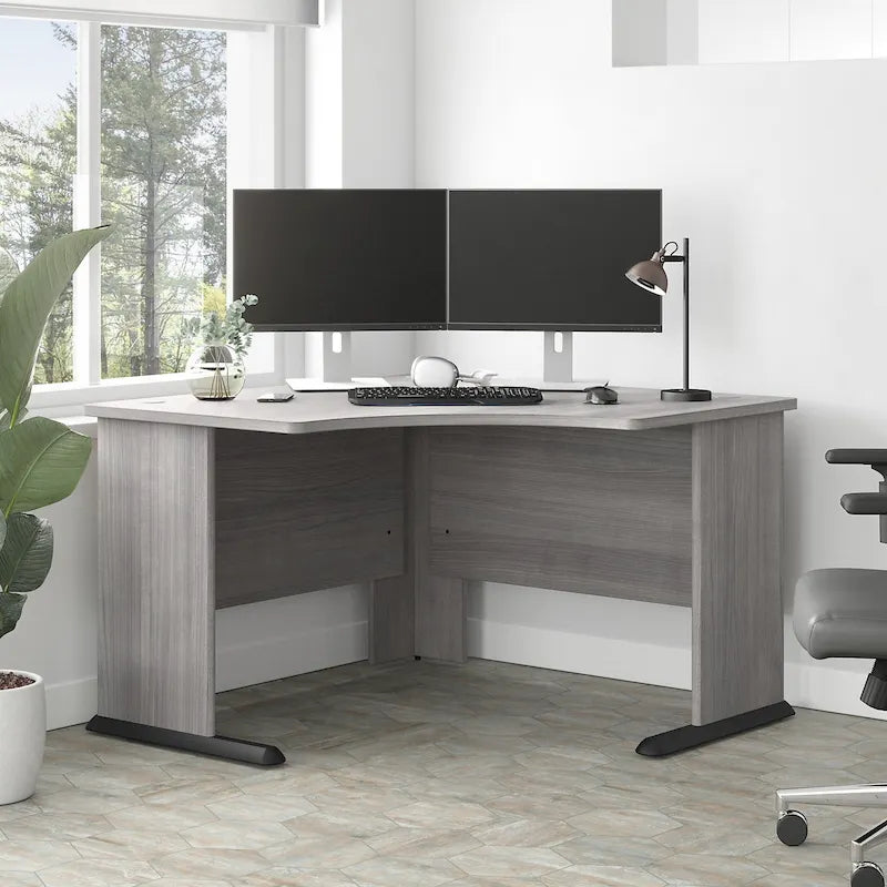 Bureau d'angle en L pour ordinateur avec gestion des câbles Gris orage Blanc platine