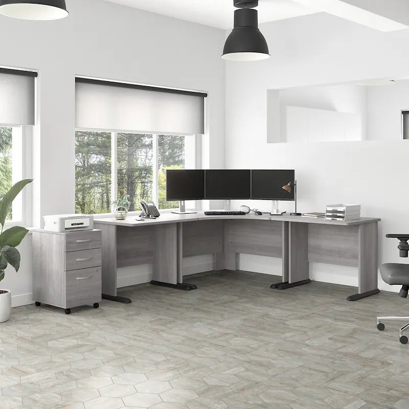 Bureau d'angle en L pour ordinateur avec gestion des câbles Gris orage Blanc platine