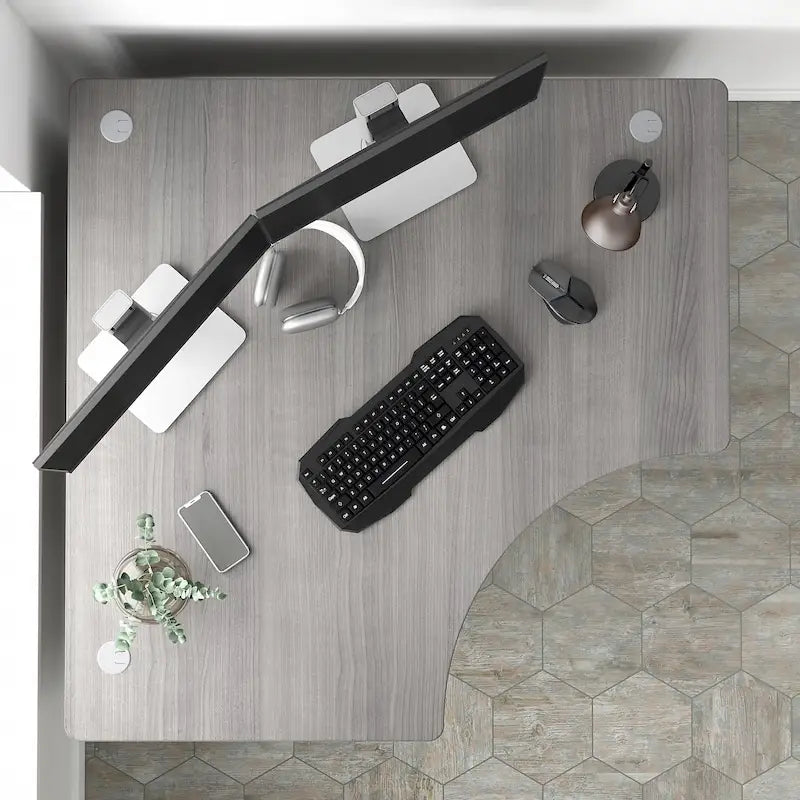 Bureau d'angle en L pour ordinateur avec gestion des câbles Gris orage Blanc platine