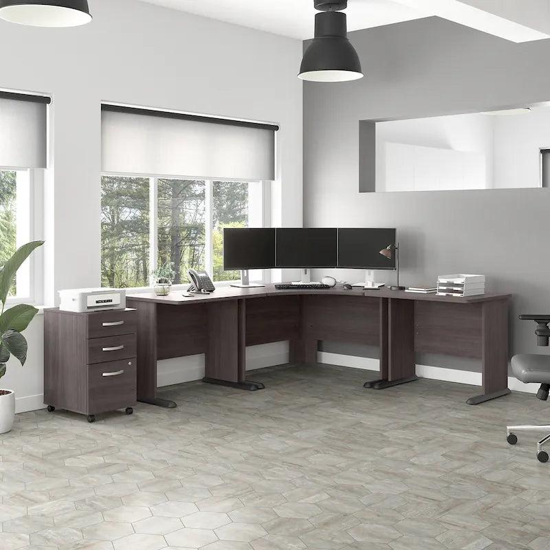 Bureau d'angle en L pour ordinateur avec gestion des câbles Gris orage Blanc platine