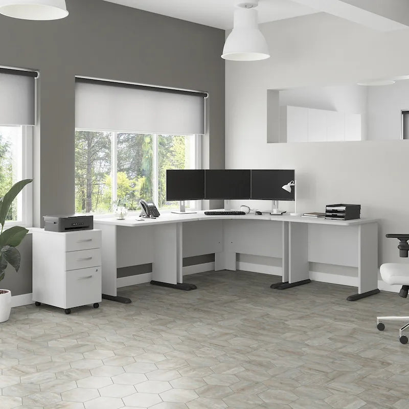 Bureau d'angle en L pour ordinateur avec gestion des câbles Gris orage Blanc platine