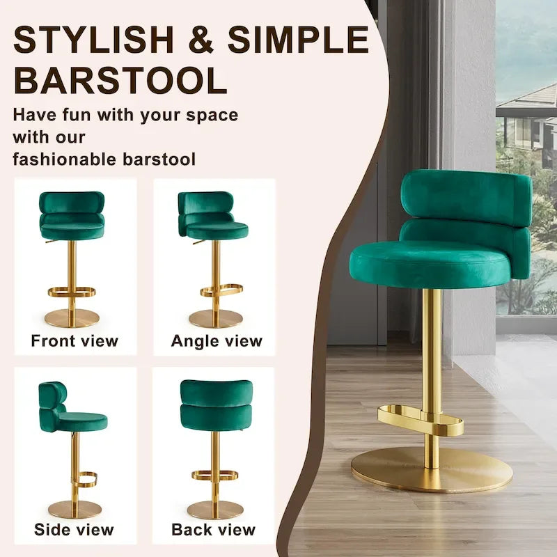 Tabouret de bar pivotant en velours avec hauteur réglable et piètement en métal