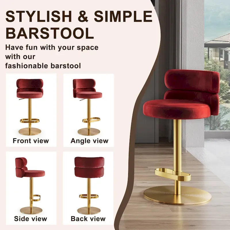 Tabouret de bar pivotant en velours avec hauteur réglable et piètement en métal