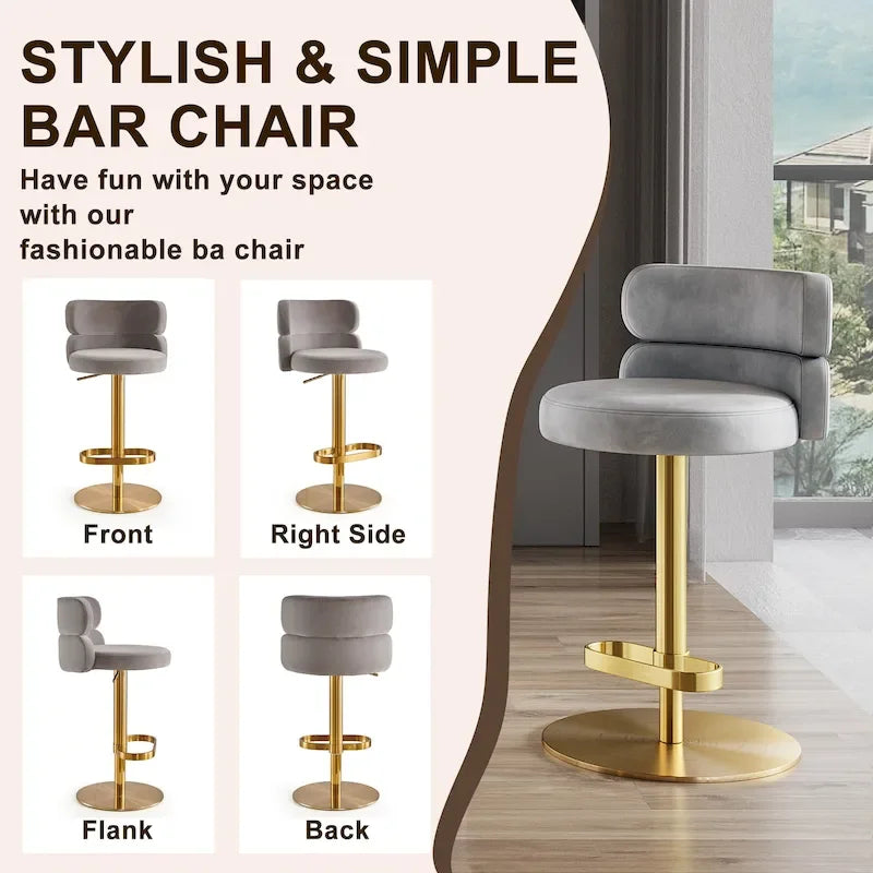 Tabouret de bar pivotant en velours avec hauteur réglable et piètement en métal