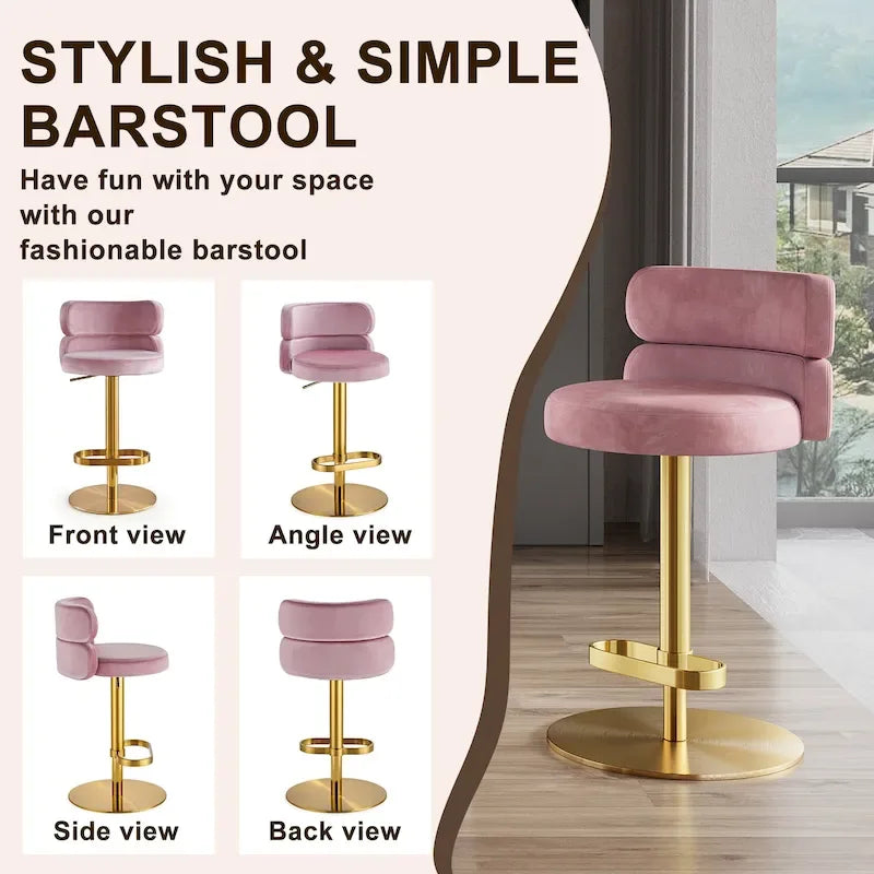 Tabouret de bar pivotant en velours avec hauteur réglable et piètement en métal