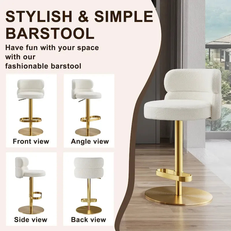 Tabouret de bar pivotant en velours avec hauteur réglable et piètement en métal