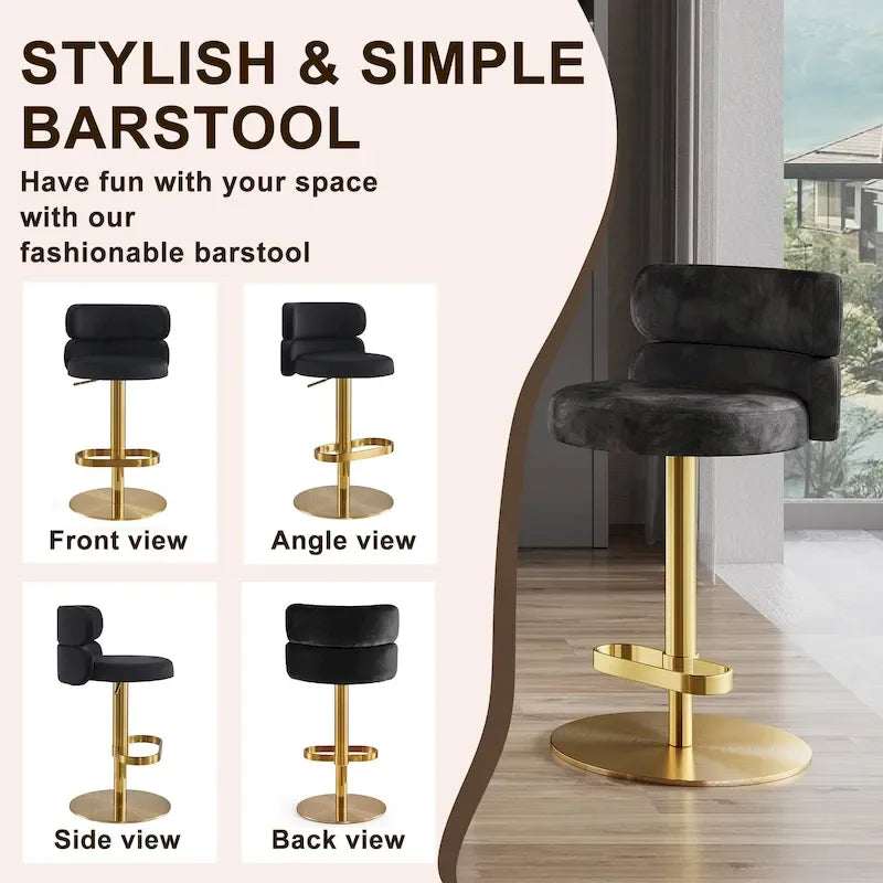 Tabouret de bar pivotant en velours avec hauteur réglable et piètement en métal
