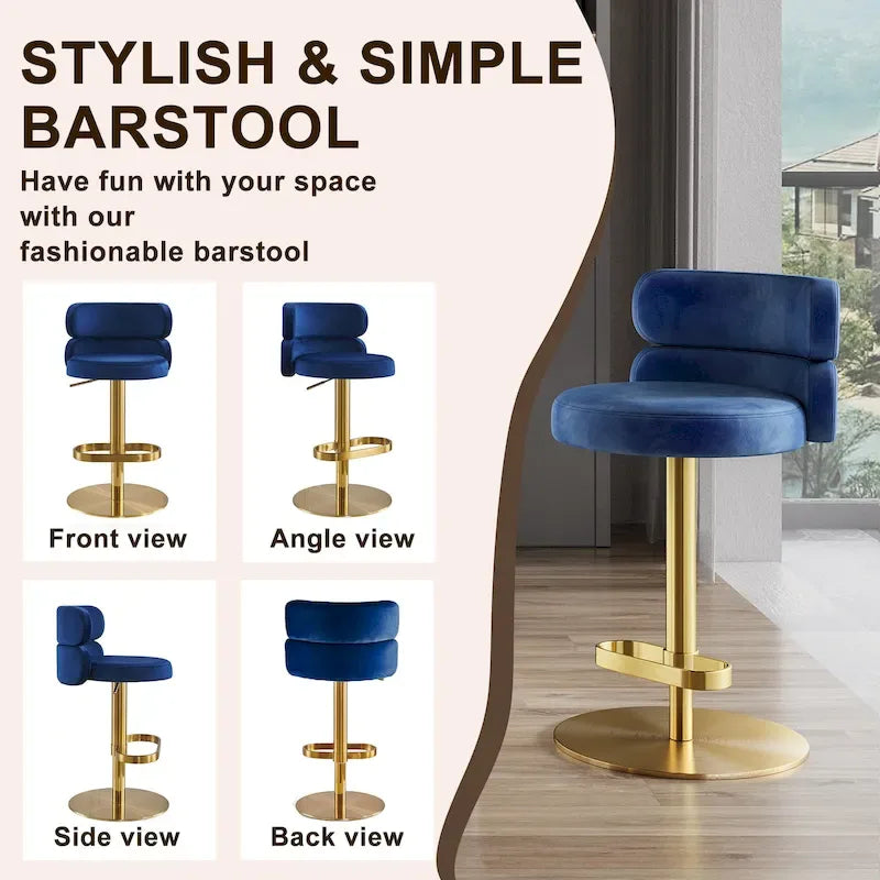 Tabouret de bar pivotant en velours avec hauteur réglable et piètement en métal
