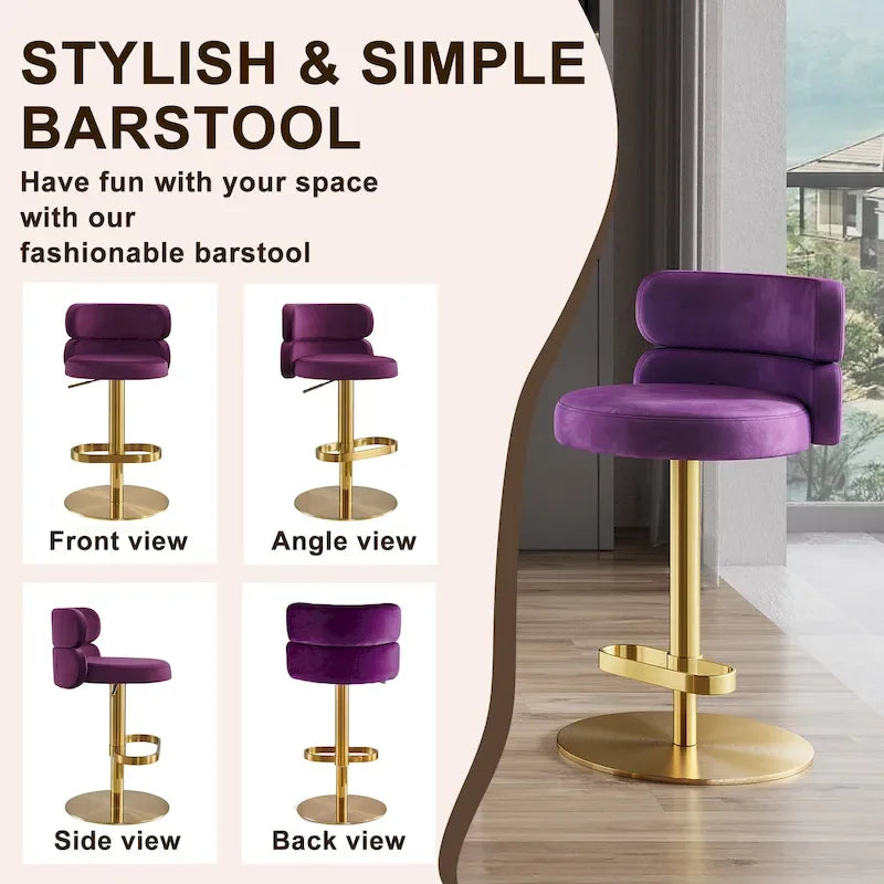 Tabouret de bar pivotant en velours avec hauteur réglable et piètement en métal