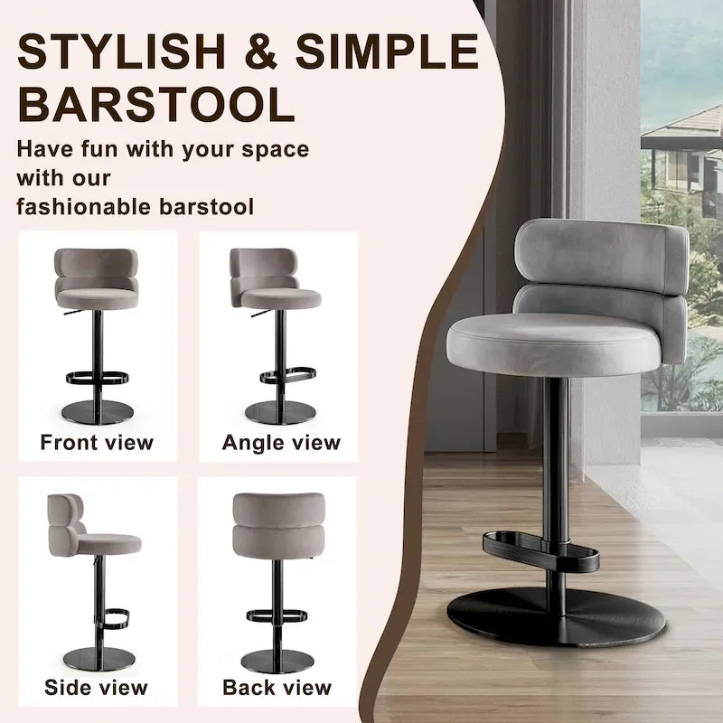 Tabouret de bar pivotant en velours avec hauteur réglable et piètement en métal