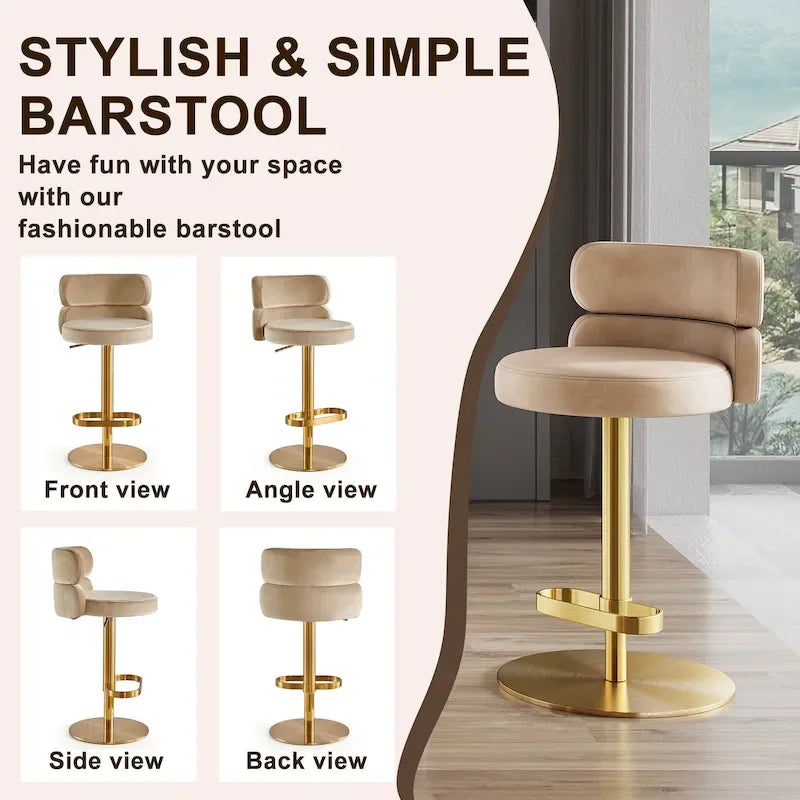 Tabouret de bar pivotant en velours avec hauteur réglable et piètement en métal