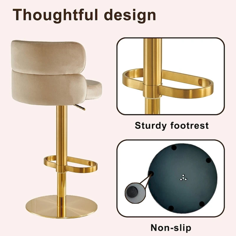Tabouret de bar pivotant en velours avec hauteur réglable et piètement en métal