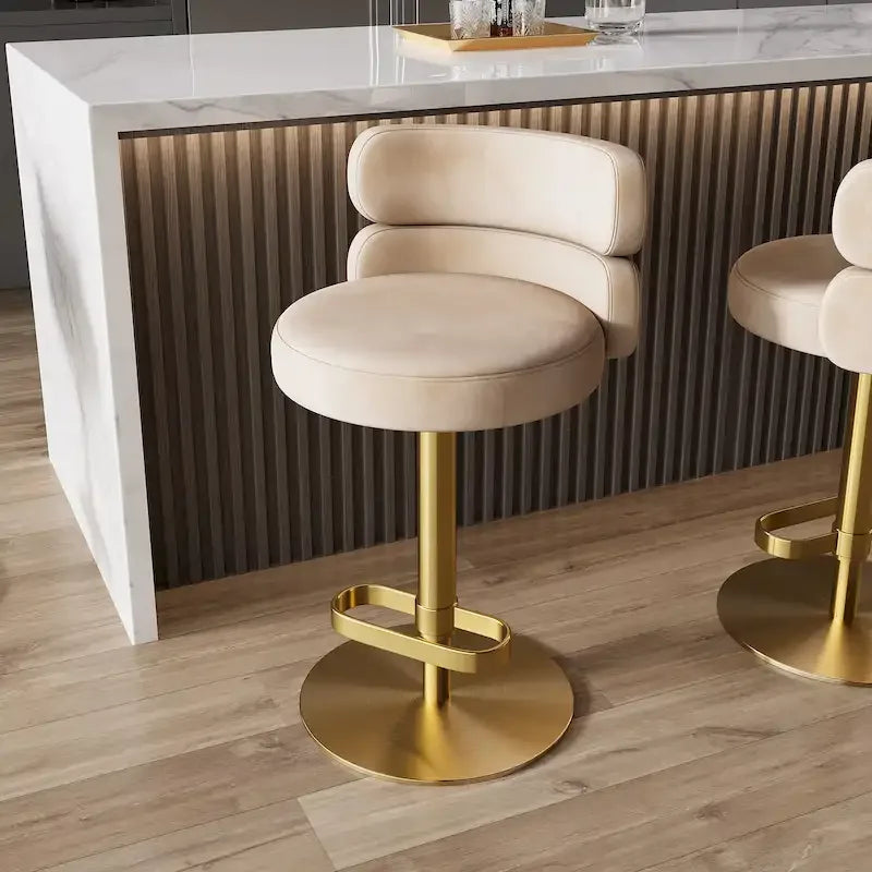 Tabouret de bar pivotant en velours avec hauteur réglable et piètement en métal