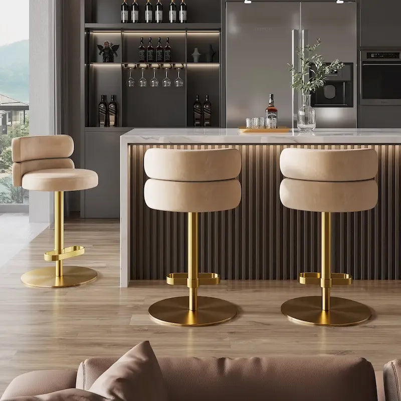 Tabouret de bar pivotant en velours avec hauteur réglable et piètement en métal