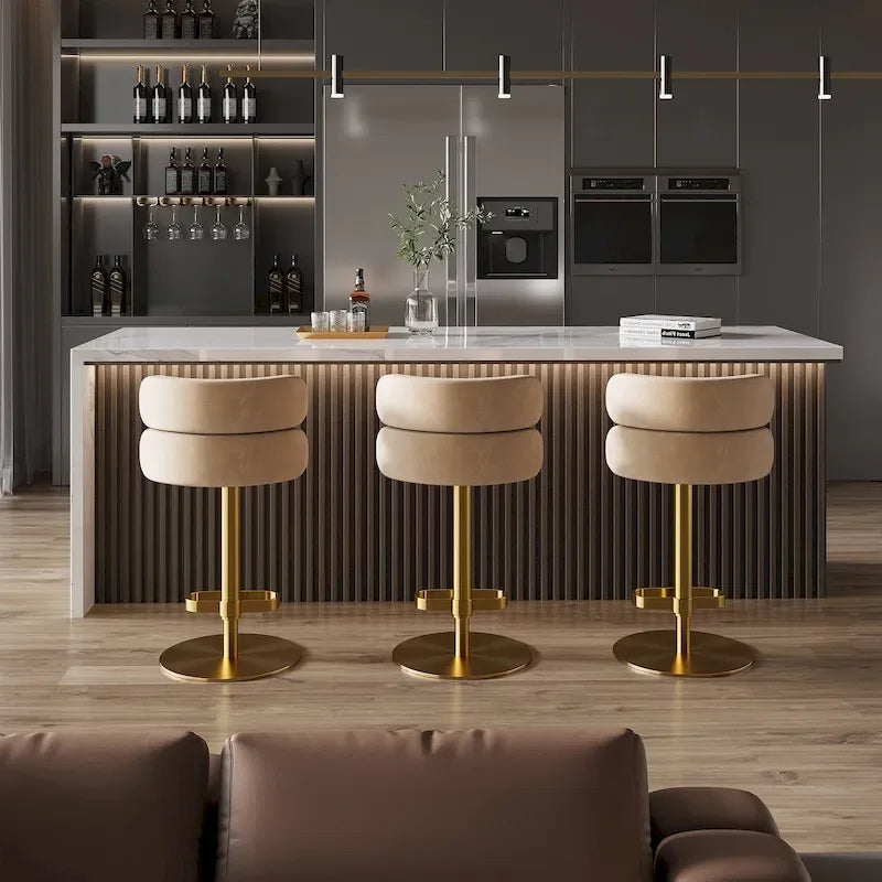 Tabouret de bar pivotant en velours avec hauteur réglable et piètement en métal