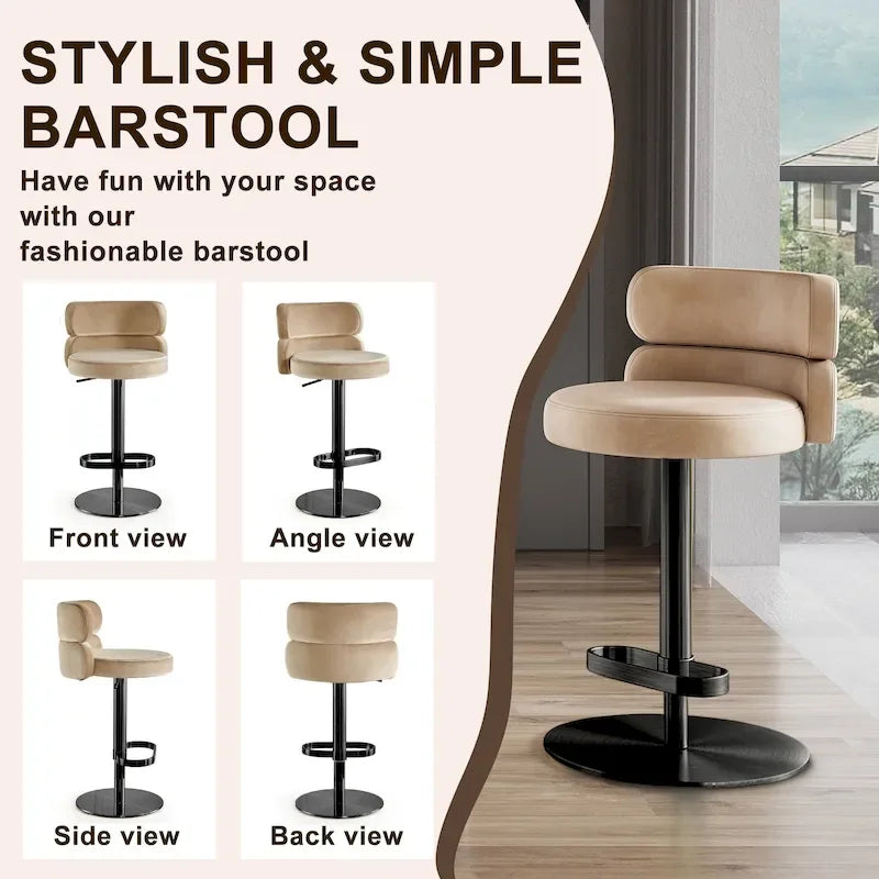 Tabouret de bar pivotant en velours avec hauteur réglable et piètement en métal