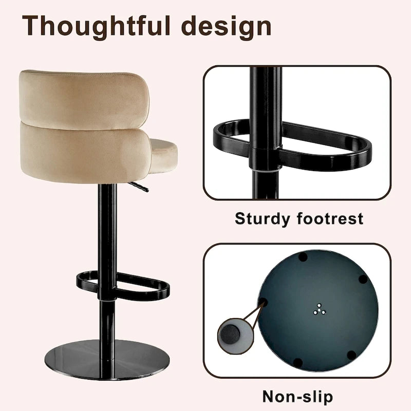 Tabouret de bar pivotant en velours avec hauteur réglable et piètement en métal