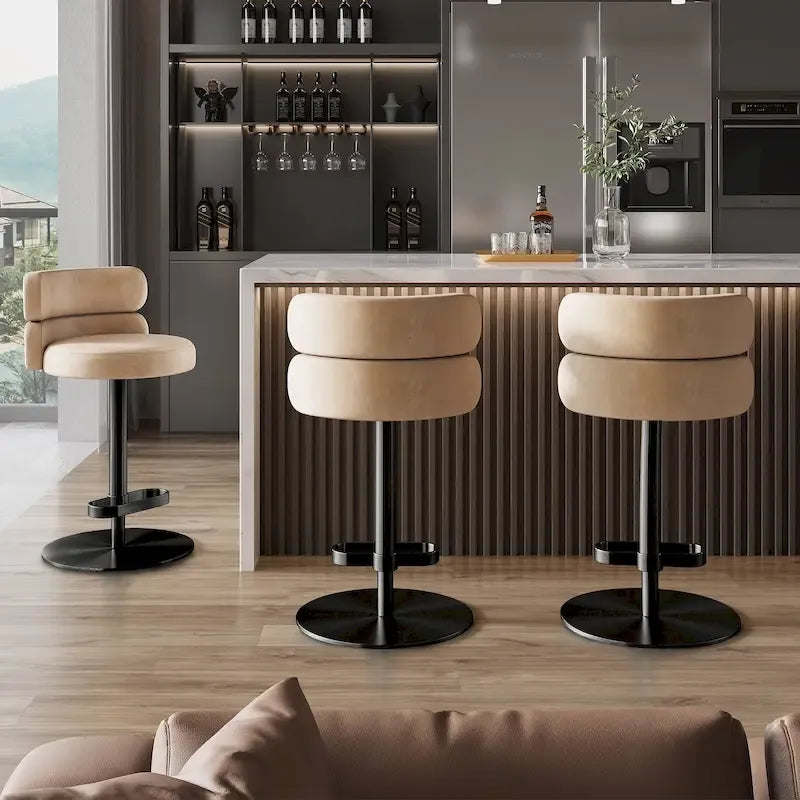 Tabouret de bar pivotant en velours avec hauteur réglable et piètement en métal