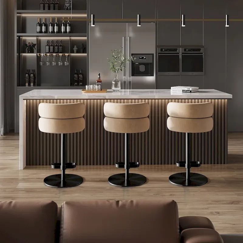 Tabouret de bar pivotant en velours avec hauteur réglable et piètement en métal