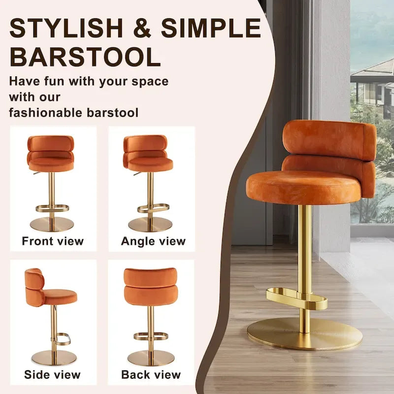 Tabouret de bar pivotant en velours avec hauteur réglable et piètement en métal