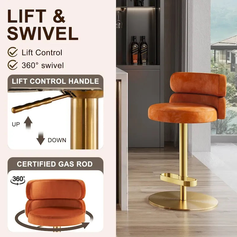 Tabouret de bar pivotant en velours avec hauteur réglable et piètement en métal